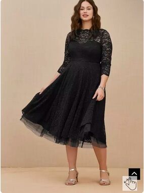 Elegant Torrid Black Lace Midi Dress with Sheer Three-Quarter Sleeves
